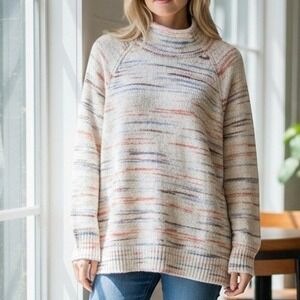 LL Bean Womens 1X Plus Sweater Mock Neck Space Dye Knit Pullover Cream Multi